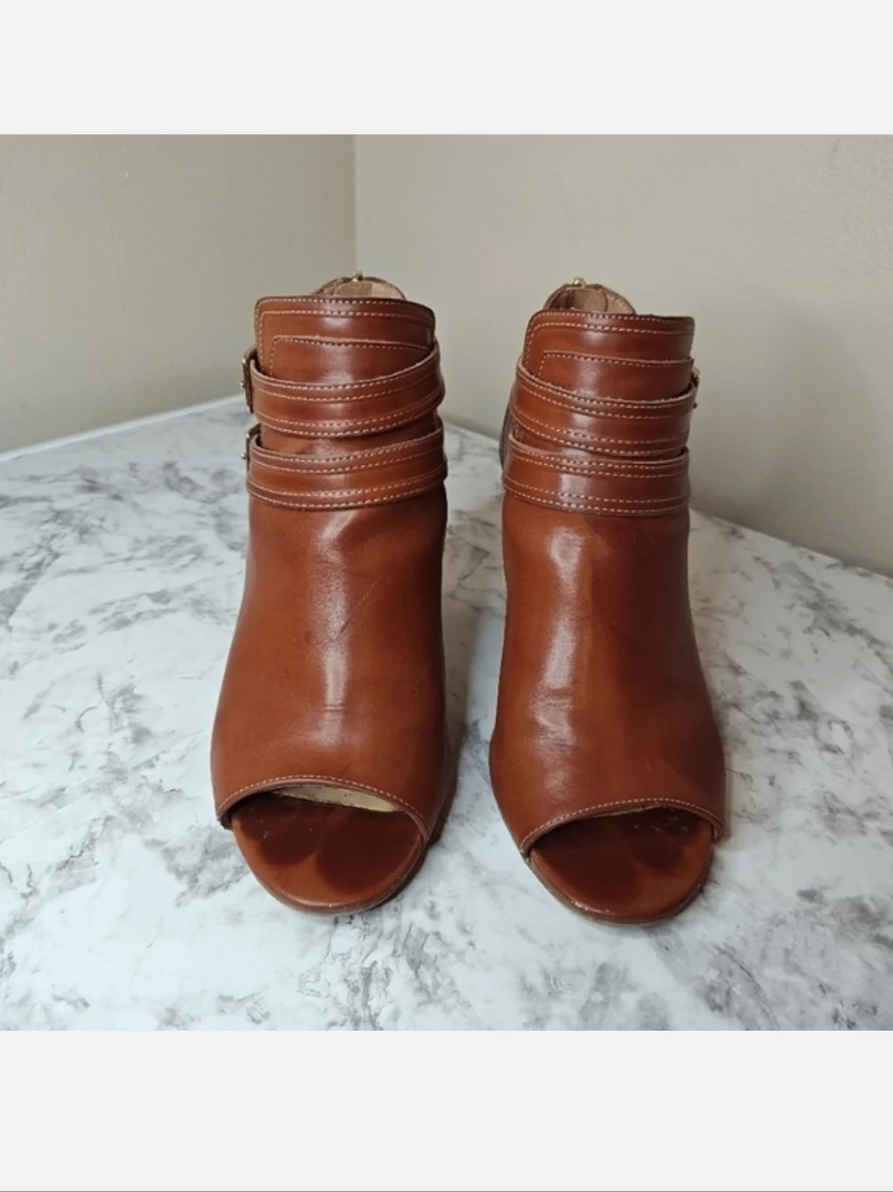Liz Claiborne Genesis Cognac Peep-Toe Buckle Booties Size 8M